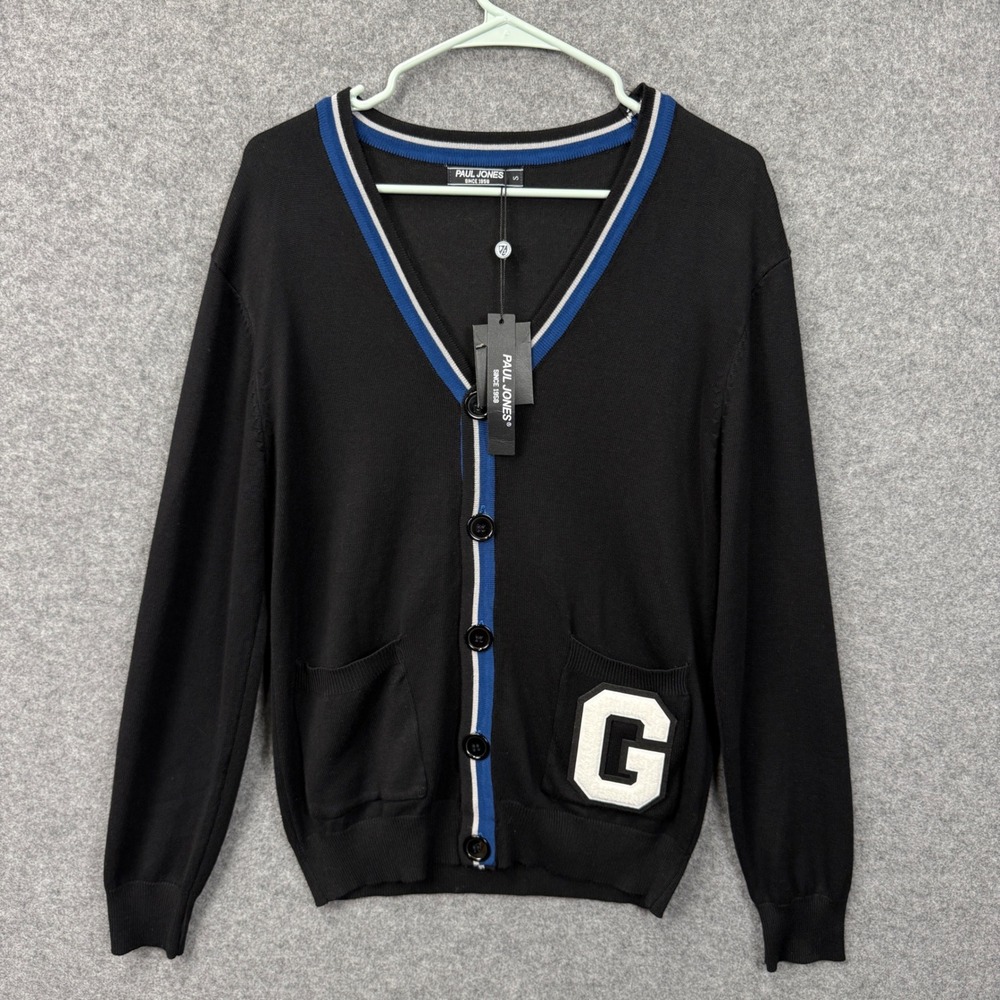 Paul Jones Mens Black Cardigan Sweater V Neck Button Front 'G' Applique Size S